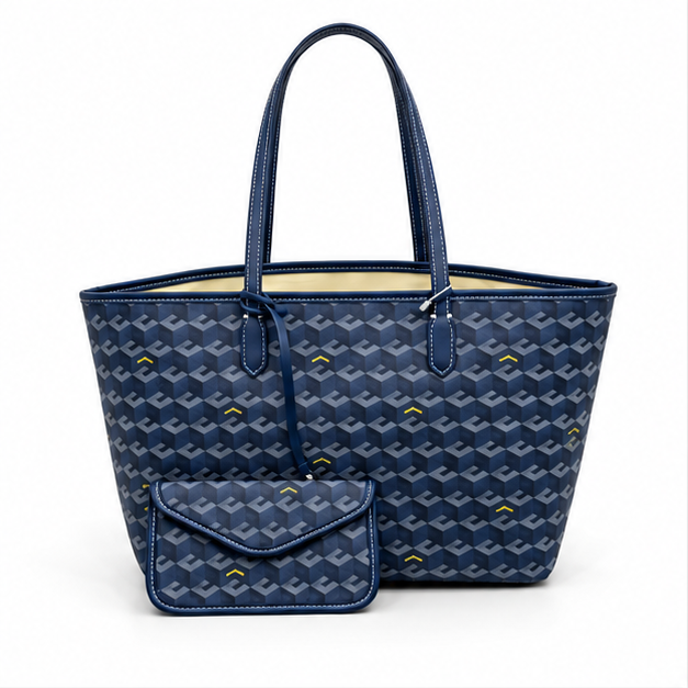Navy Geometric Pattern Tote Pouch Set