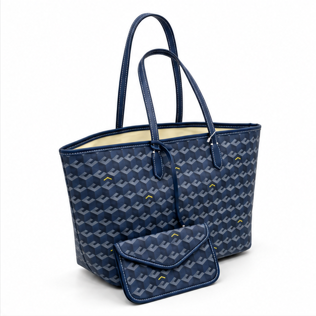 Navy Geometric Pattern Tote Pouch Set