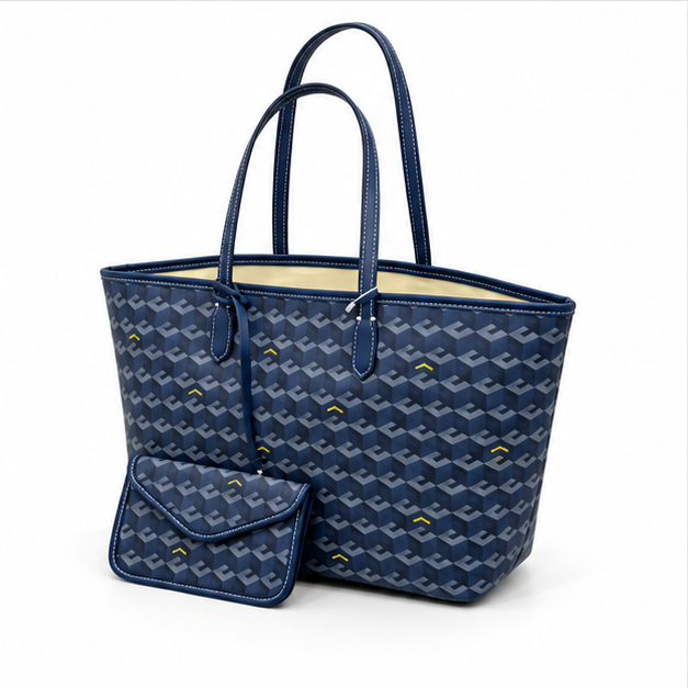 Navy Geometric Pattern Tote Pouch Set