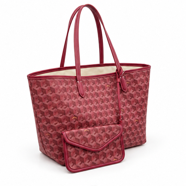 Burgundy Geometric Tote With Matching Pouch