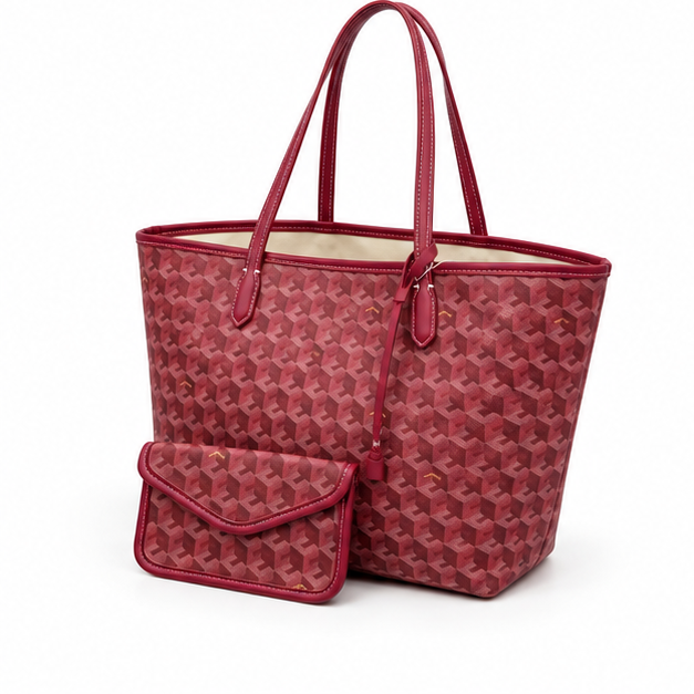 Burgundy Geometric Tote With Matching Pouch