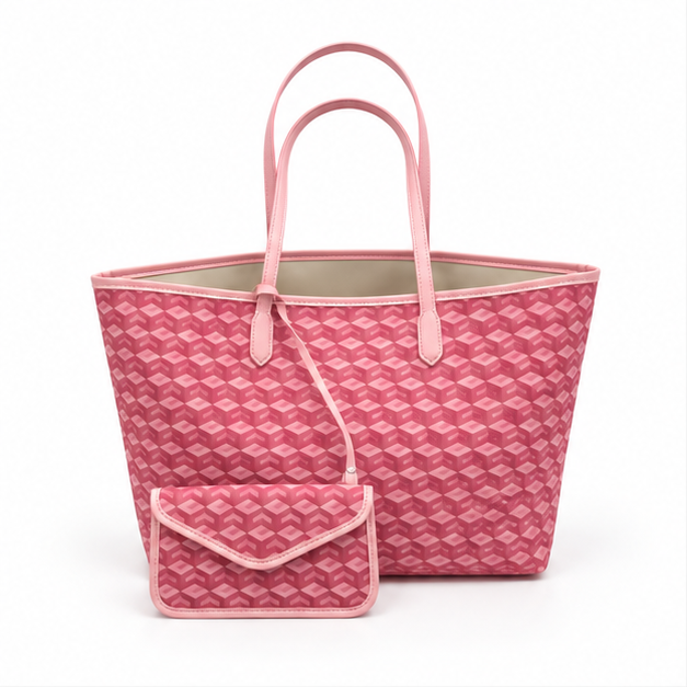 Pink Geometric Tote Bag With Pouch