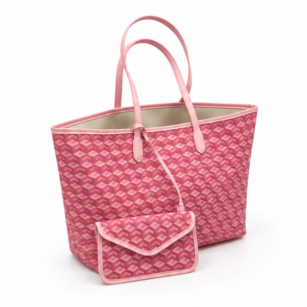 Pink Geometric Tote Bag With Pouch