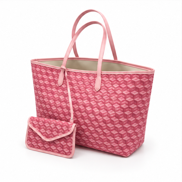 Pink Geometric Tote Bag With Pouch