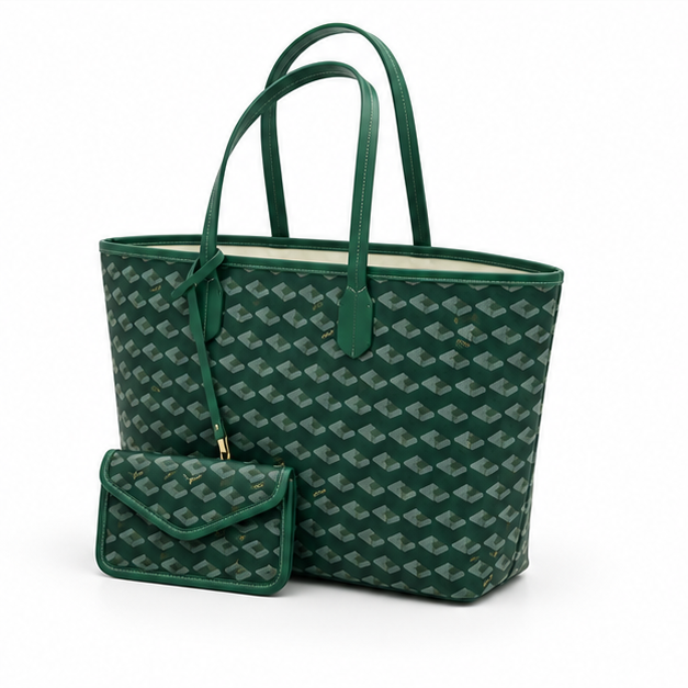 Green Geometric Tote Bag With Pouch