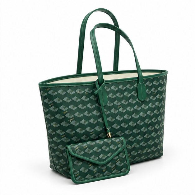 Green Geometric Tote Bag With Pouch