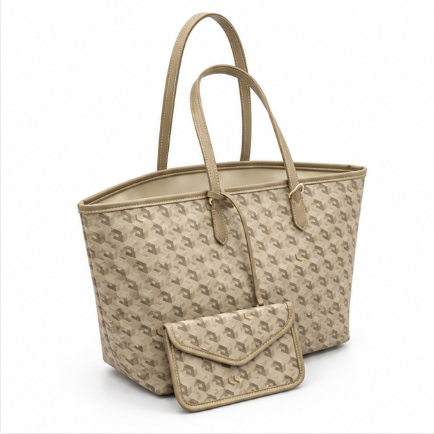 Khaki Geometric Pattern Tote Pouch Set