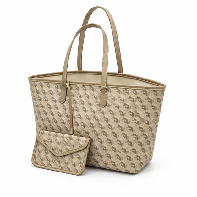 Khaki Geometric Pattern Tote Pouch Set
