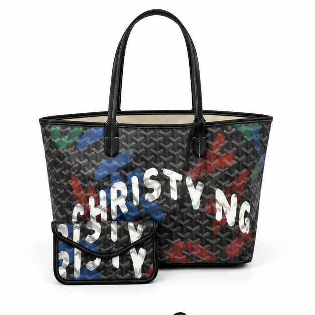 Black Graffiti Geometric Tote With Pouch