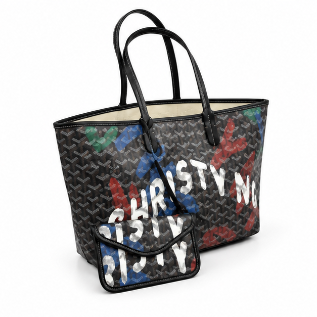 Black Graffiti Geometric Tote With Pouch