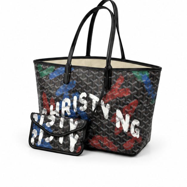 Black Graffiti Geometric Tote With Pouch