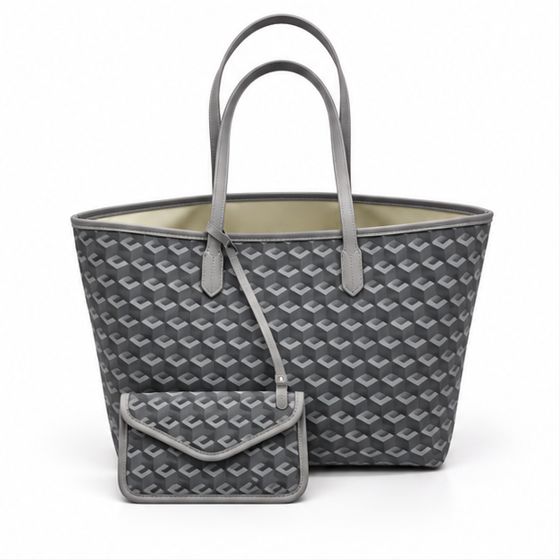 Grey Geometric Tote Bag With Pouch
