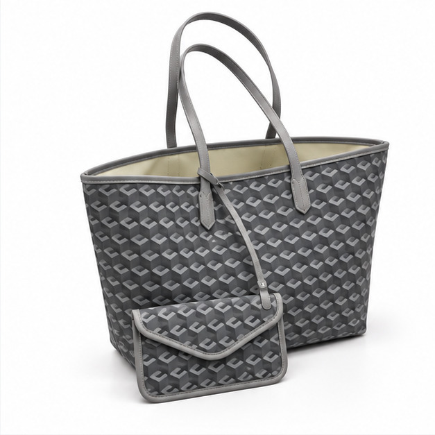 Grey Geometric Tote Bag With Pouch