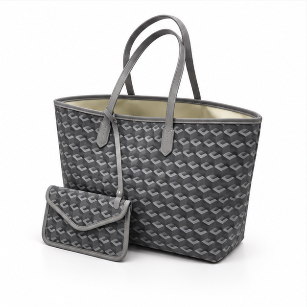 Grey Geometric Tote Bag With Pouch