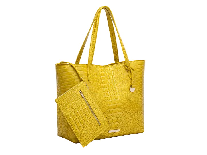 Yellow Crocodile Embossed Large Tote Handbag