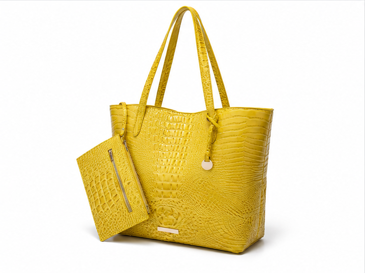 Yellow Crocodile Embossed Large Tote Handbag