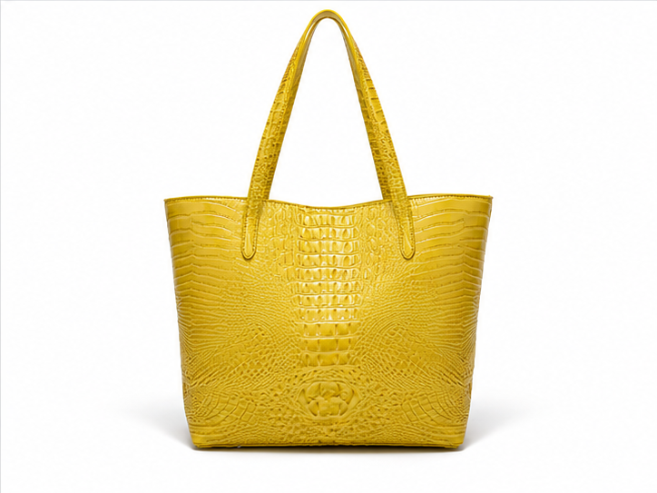 Yellow Crocodile Embossed Large Tote Handbag