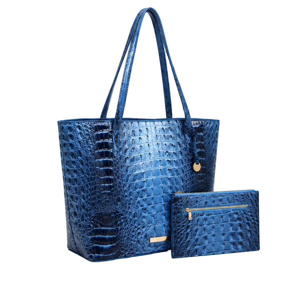 Glossy Crocodile Embossed Tote Pouch Set