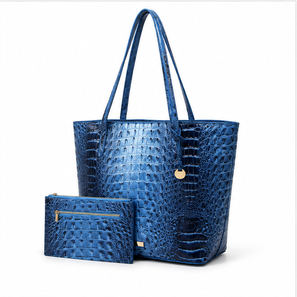 Glossy Crocodile Embossed Tote Pouch Set