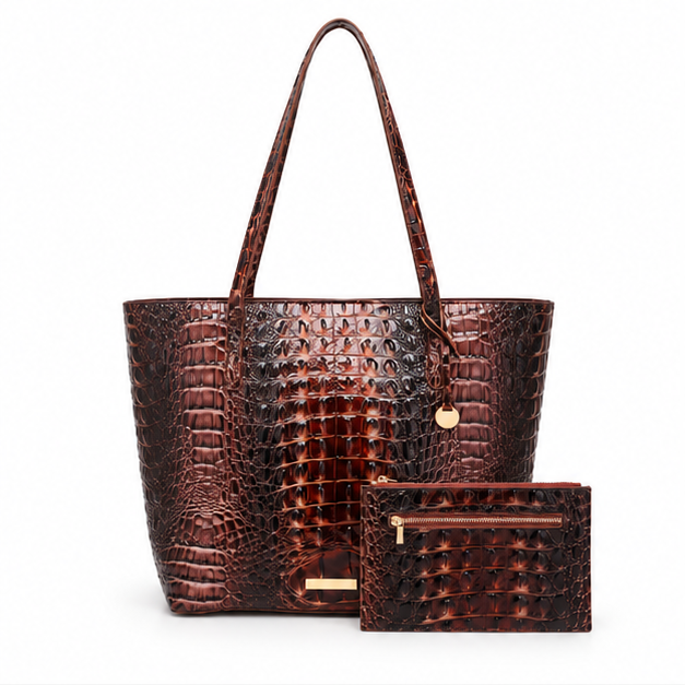 Scallop Brown Crocodile Embossed Tote Set