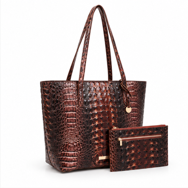 Scallop Brown Crocodile Embossed Tote Set