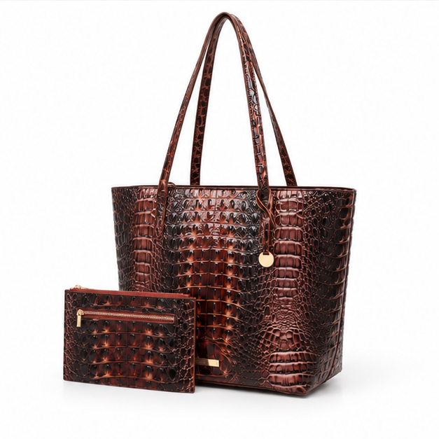 Scallop Brown Crocodile Embossed Tote Set