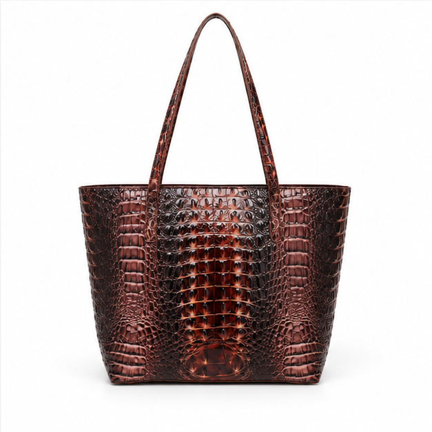 Scallop Brown Crocodile Embossed Tote Set