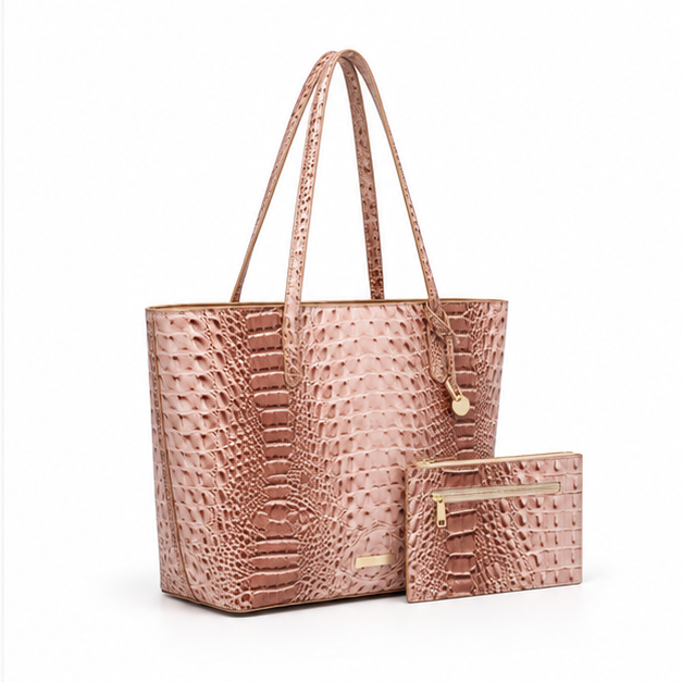 Beige Crocodile Embossed Luxury Tote Set