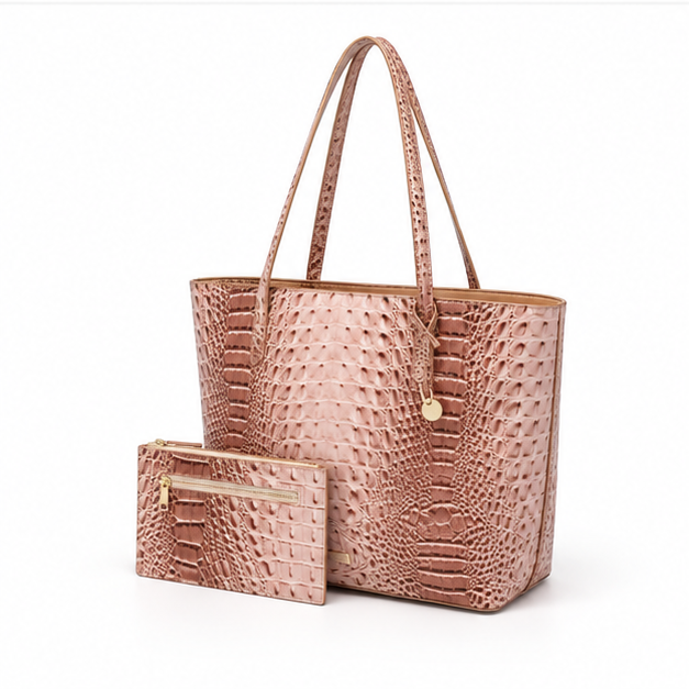 Beige Crocodile Embossed Luxury Tote Set