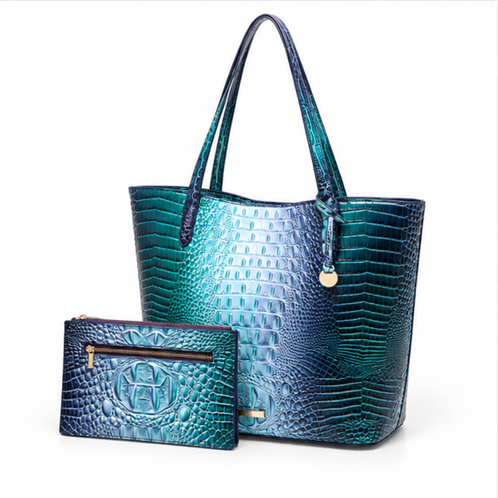 Iridescent Crocodile Embossed Tote Bag Set