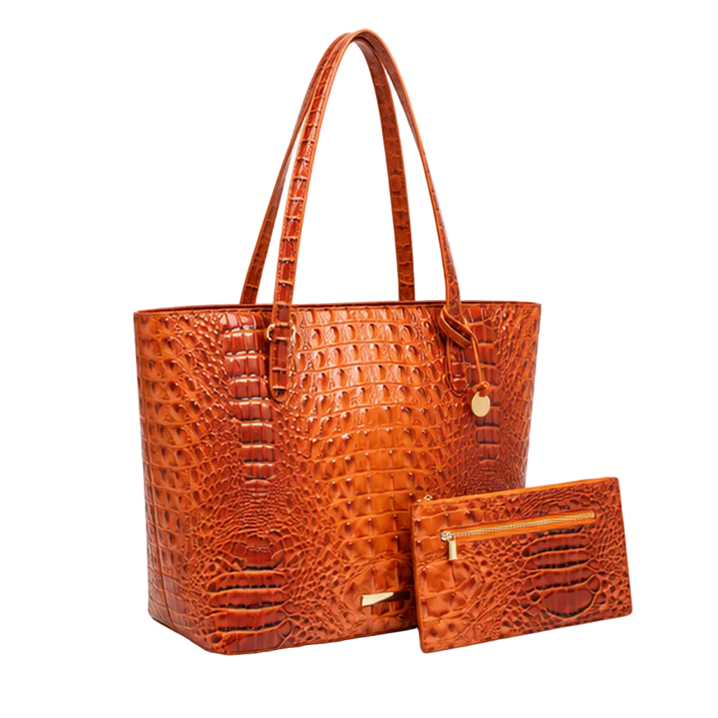 Crocodile Embossed Leather Tote With Pouch