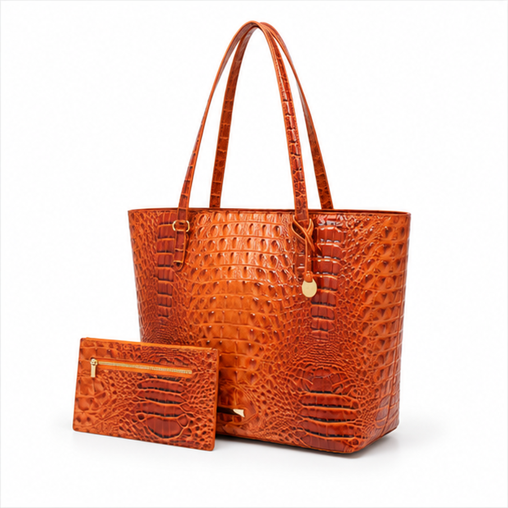 Crocodile Embossed Leather Tote With Pouch