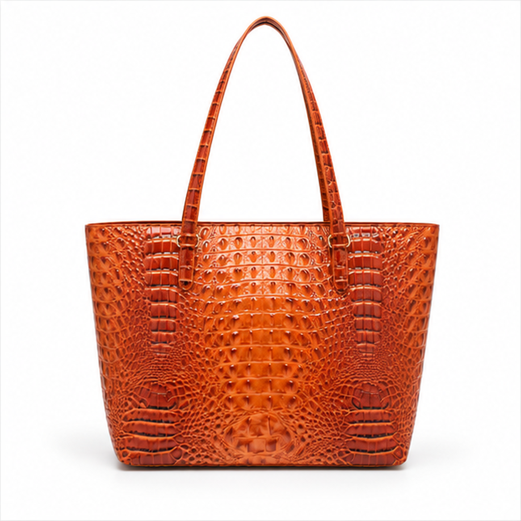 Crocodile Embossed Leather Tote With Pouch