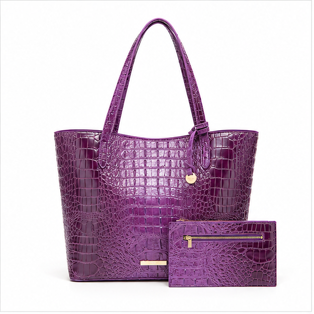 Purple Crocodile Embossed Tote Handbag Set