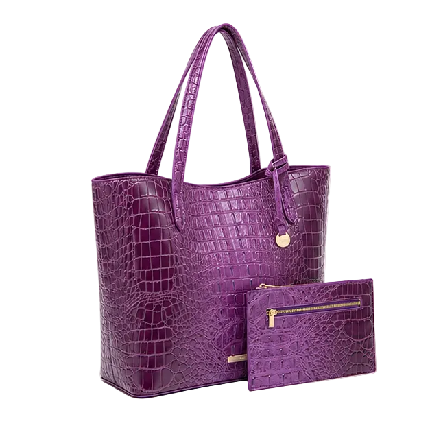 Purple Crocodile Embossed Tote Handbag Set