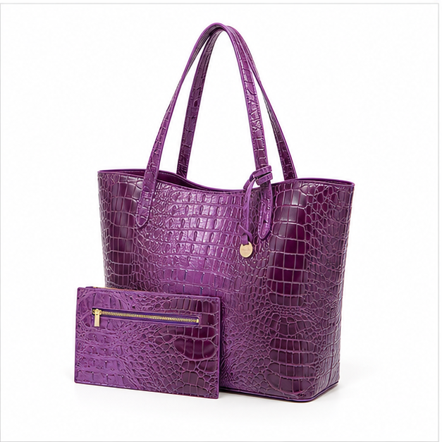 Purple Crocodile Embossed Tote Handbag Set