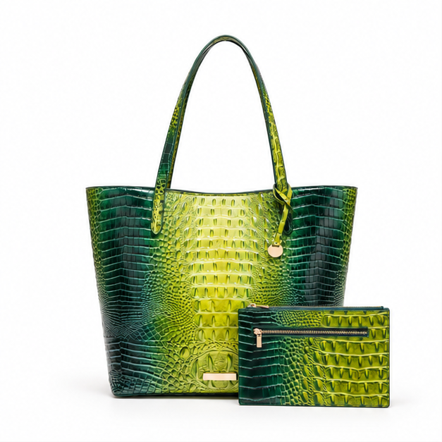Emerald Green Croc Embossed Tote Handbag