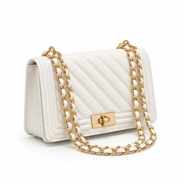 White Quilted Gold Chain Shoulder Bag
