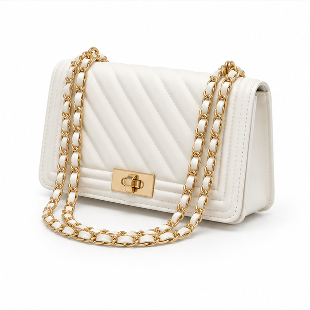 White Quilted Gold Chain Shoulder Bag
