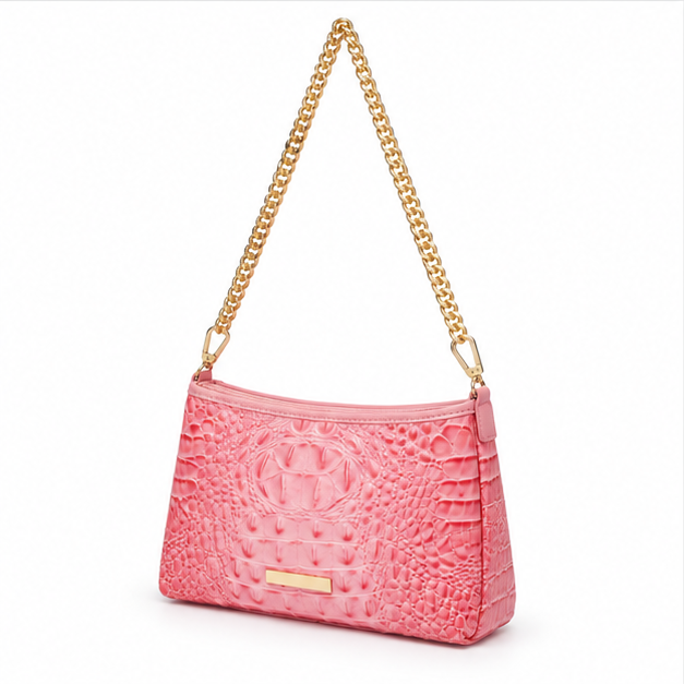 Pink Crocodile Texture Gold Chain Shoulder Bag