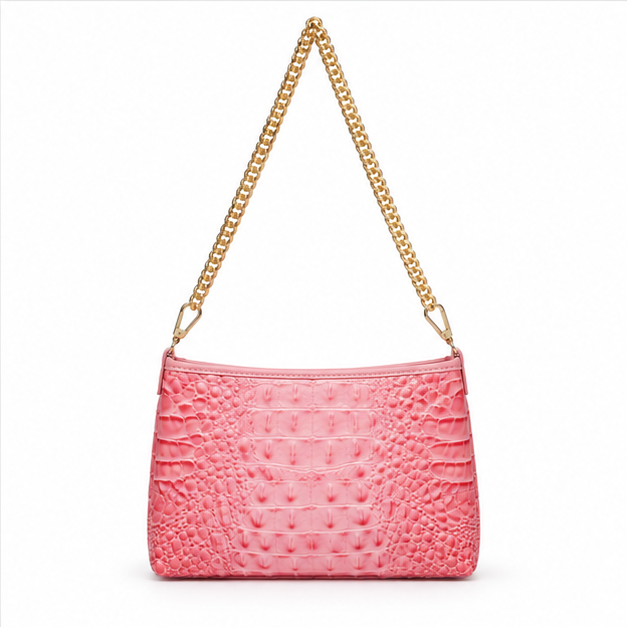 Pink Crocodile Texture Gold Chain Shoulder Bag