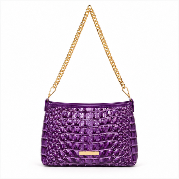 Purple Crocodile Embossed Gold Chain Shoulder Bag