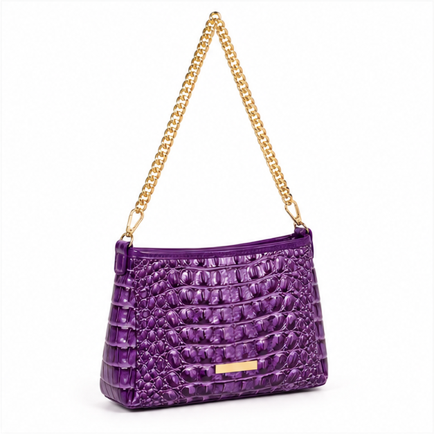 Purple Crocodile Embossed Gold Chain Shoulder Bag