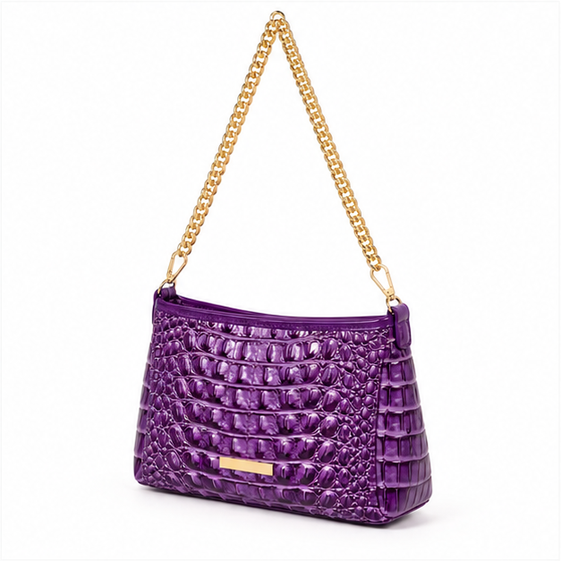 Purple Crocodile Embossed Gold Chain Shoulder Bag