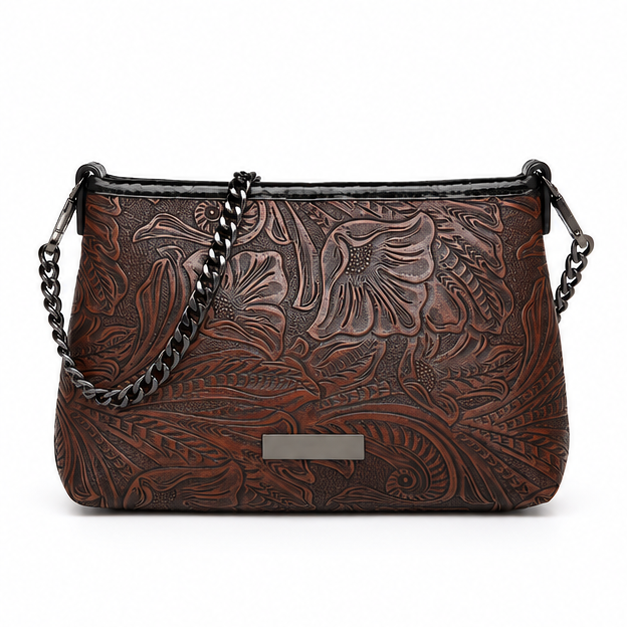 Embossed Floral Chain Shoulder Crossbody Bag