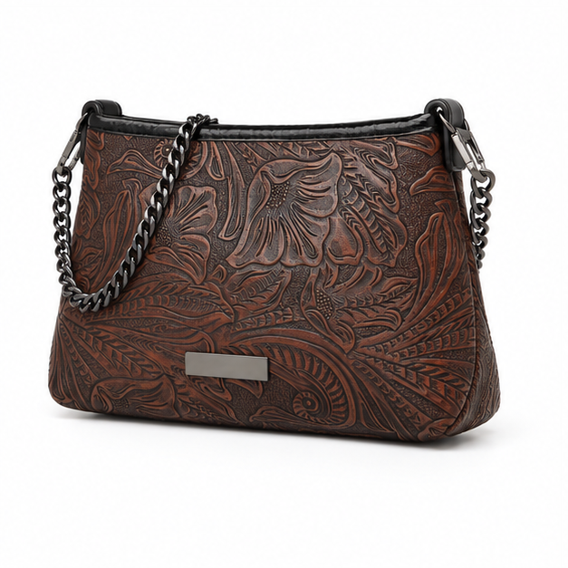Embossed Floral Chain Shoulder Crossbody Bag