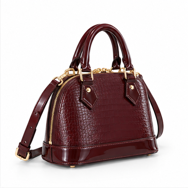 Glossy Burgundy Croc Embossed Handbag Satchel