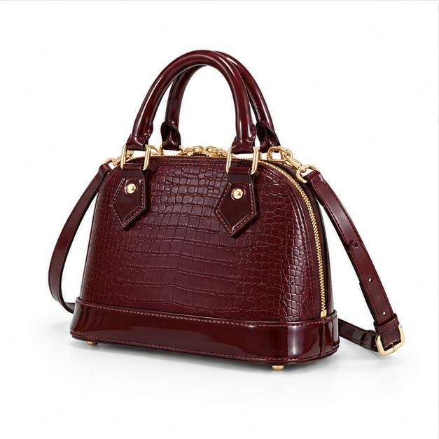 Glossy Burgundy Croc Embossed Handbag Satchel