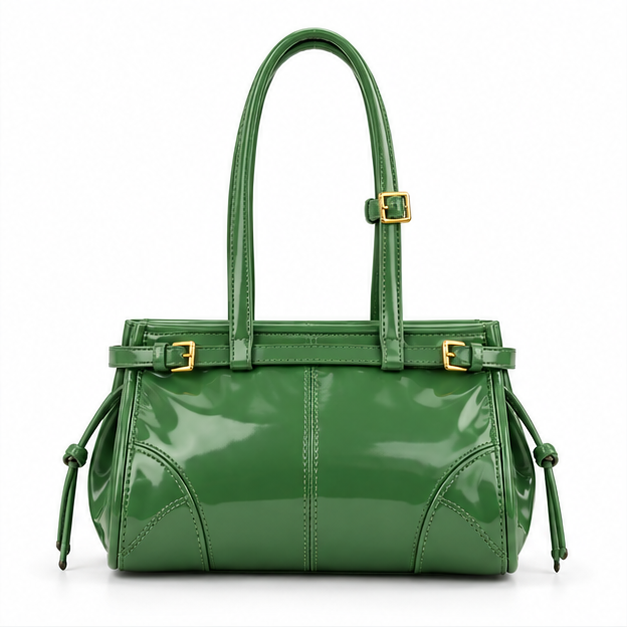 Glossy Green Structured Buckle Shoulder Bag