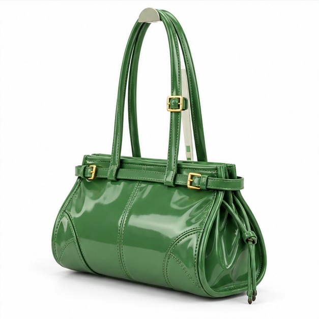 Glossy Green Structured Buckle Shoulder Bag
